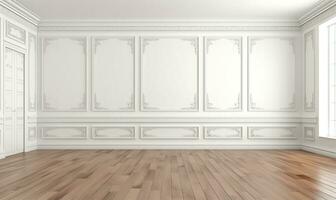 elegant empty room featuring a pristine white wall adorned with classic style mouldings. AI Generated photo