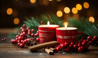 Christmas candles on a rustic wooden background. AI Generated photo