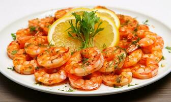 Closeup of grilled shrimps meticulously arranged on a white plate. AI Generated photo