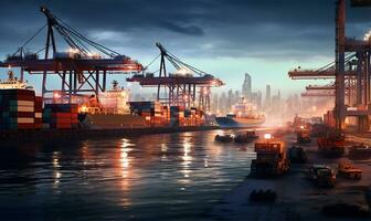 bustling seaport featuring cargo ships being loaded and unloaded. AI Generated photo