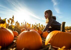 child, immersed in wonder, plays amidst a sea of pumpkins at a pumpkin farm during autumn. AI Generated photo