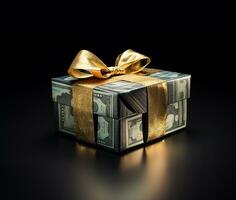 gift box meticulously wrapped in US currency adorned with a gleaming golden ribbon. AI Generated photo