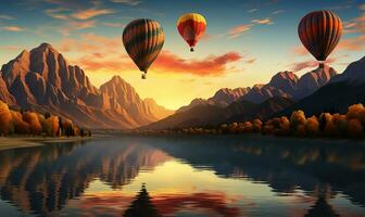 mesmerizing landscape where multiple hot air balloons gracefully soar over a sprawling expanse. AI Generated photo