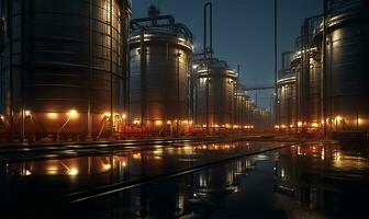 grande almacenamiento tanques y silos lleno con crudo materiales ai generado foto