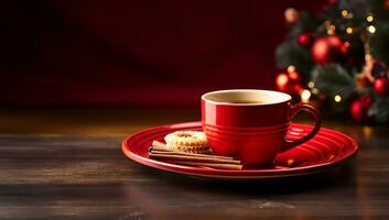 humeante taza de café conjunto en un vibrante rojo lámina. ai generado foto