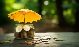 yellow umbrella shielding coins on a table under natural light. AI Generated photo