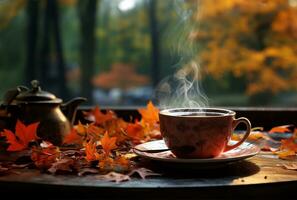 steaming coffee cup set against a backdrop of cascading autumn leaves. AI Generated photo