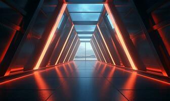 vacío largo ligero corredor diseñado como un futurista ciencia ficción triángulo túnel. ai generado foto