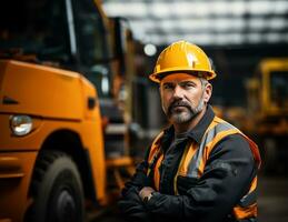 A diligent industry maintenance engineer stands tall, dressed in his professional uniform complemented by a safety hard hat. AI Generated photo