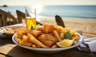 un plato de crujiente pescado y papas fritas. ai generado foto