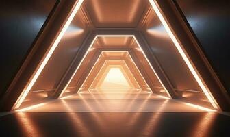empty long light corridor designed as a futuristic Sci-Fi triangle tunnel. AI Generated photo