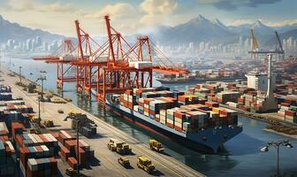 bustling seaport featuring cargo ships being loaded and unloaded. AI Generated photo