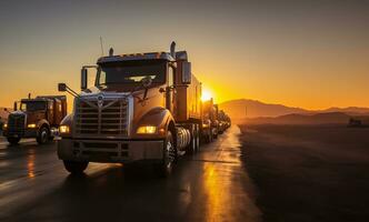 A row of parked trucks, silhouetted against the backdrop of a radiant sunrise. AI Generated photo
