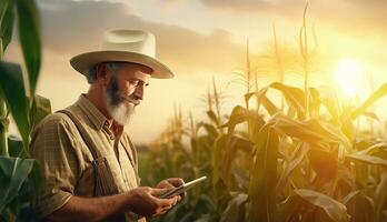 un moderno granjero en pie en un maíz campo. ai generado foto