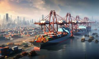 bustling seaport featuring cargo ships being loaded and unloaded. AI Generated photo