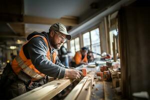 construction workers meticulously working on installing a door, capturing the precision and skill involved in the process. AI Generated photo