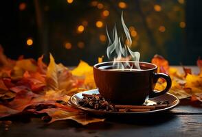 steaming coffee cup set against a backdrop of cascading autumn leaves. AI Generated photo