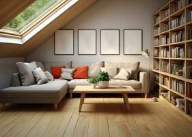 corner sofa placed against a shelving unit, set in a modern living room in the attic of a farmhouse. AI Generated photo