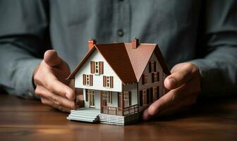 Man holding a detailed model of a house in his hands. AI Generated photo