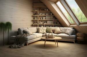 corner sofa placed against a shelving unit, set in a modern living room in the attic of a farmhouse. AI Generated photo