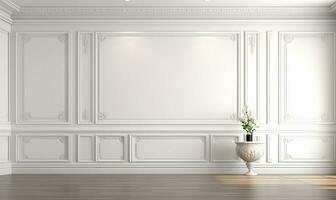 elegant empty room featuring a pristine white wall adorned with classic style mouldings. AI Generated photo