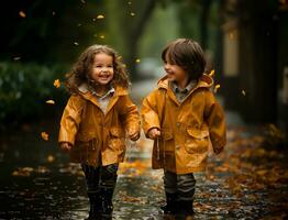 Exuberant children, adorned in bright yellow raincoats and matching rain boots, delightfully splash through puddles during an autumnal downpour. AI Generated photo