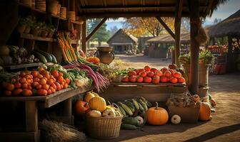 bullicioso otoño agricultores mercado rebosante con un vistoso formación de calabazas y Fresco otoñal vegetales. ai generado foto