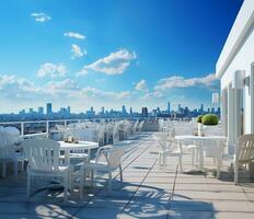 A rooftop restaurant terrace, designed with Scandinavian minimalism in mind, presents an array of tables and chairs in immaculate white. AI Generated photo