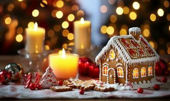 Gingerbread house intricately decorated with glaze, standing on a table adorned with Christmas decorations. AI Generated photo