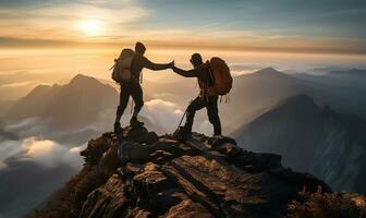 uno caminante extensión un mano a ayuda un amigo alcanzar el cumbre de un montaña. ai generado foto