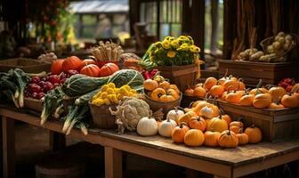 bustling fall farmers market brimming with a colorful array of pumpkins and fresh autumnal vegetables. AI Generated photo