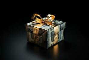 gift box meticulously wrapped in US currency adorned with a gleaming golden ribbon. AI Generated photo