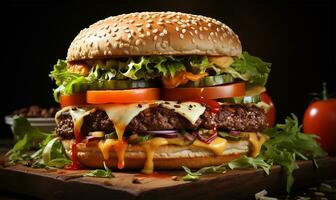 a mouth-watering hamburger showcasing its juicy layers. AI Generated photo