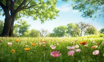 pintoresco primavera claro con floreciente flora y arboles conjunto en contra un claro azul cielo. ai generado foto