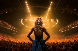 A beautiful female pop star singer performing on stage in a huge crowded stadium arena hall. AI Generated photo