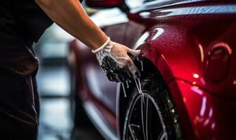 man meticulously cleaning a car with a microfiber cloth. AI Generated photo