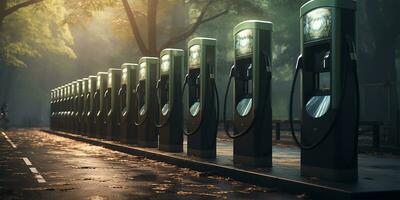 A row of modern fast electric vehicle chargers situated in a park. AI Generated photo