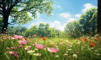 pintoresco primavera claro con floreciente flora y arboles conjunto en contra un claro azul cielo. ai generado foto