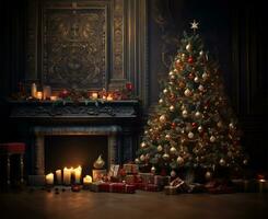 Christmas tree adorned with lights and ornaments next to a roaring fireplace in a room. AI Generated photo