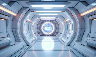 corridor or room inside a space station or spaceship, designed with sleek, futuristic aesthetics. AI Generated photo