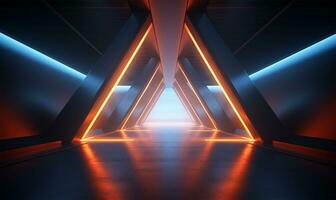 empty long light corridor designed as a futuristic Sci-Fi triangle tunnel. AI Generated photo