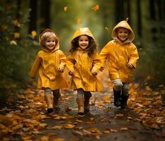 Exuberant children, adorned in bright yellow raincoats and matching rain boots, delightfully splash through puddles during an autumnal downpour. AI Generated photo