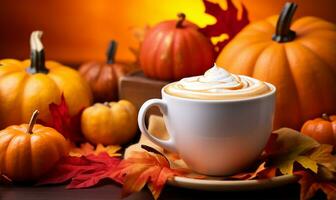 delicious pumpkin spice latte, steaming gently in a cup and saucer. AI Generated photo