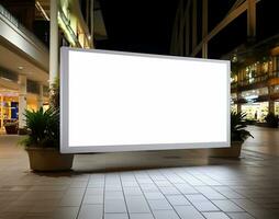 blank white mockup signboard positioned in a public shopping center. AI Generated photo