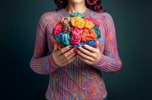 woman's hands holding multicolored yarn shaped like a brain, Capturing the essence of mental health protection. AI Generated photo