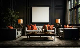 living room featuring modern interior elements, set against the backdrop of a dark classic wall. AI Generated photo