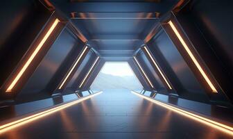 empty long light corridor designed as a futuristic Sci-Fi triangle tunnel. AI Generated photo