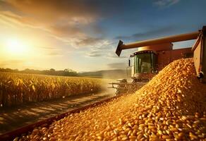 harvester pouring freshly harvested corn maize seeds or soybeans into a container trailer. AI Generated photo