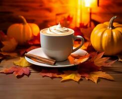 delicious pumpkin spice latte, steaming gently in a cup and saucer. AI Generated photo