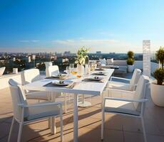 A rooftop restaurant terrace, designed with Scandinavian minimalism in mind, presents an array of tables and chairs in immaculate white. AI Generated photo